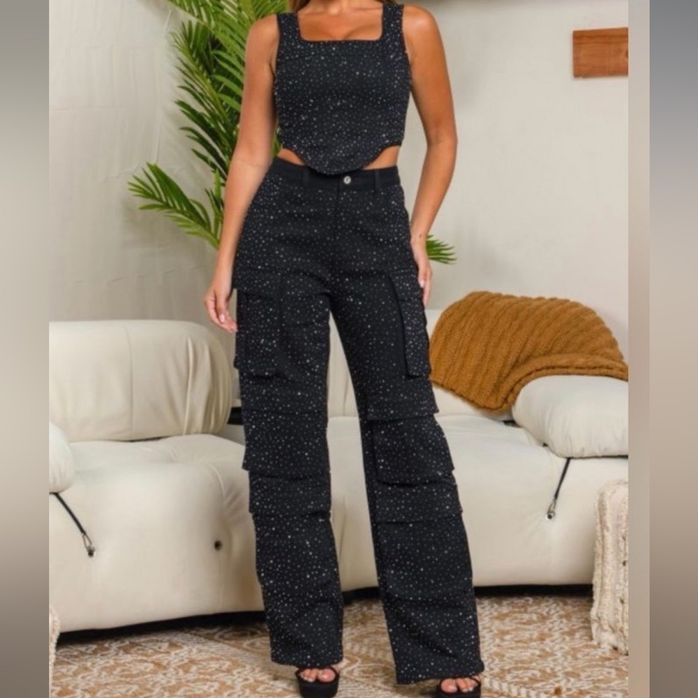 Black Sequin Denim Cargo Set